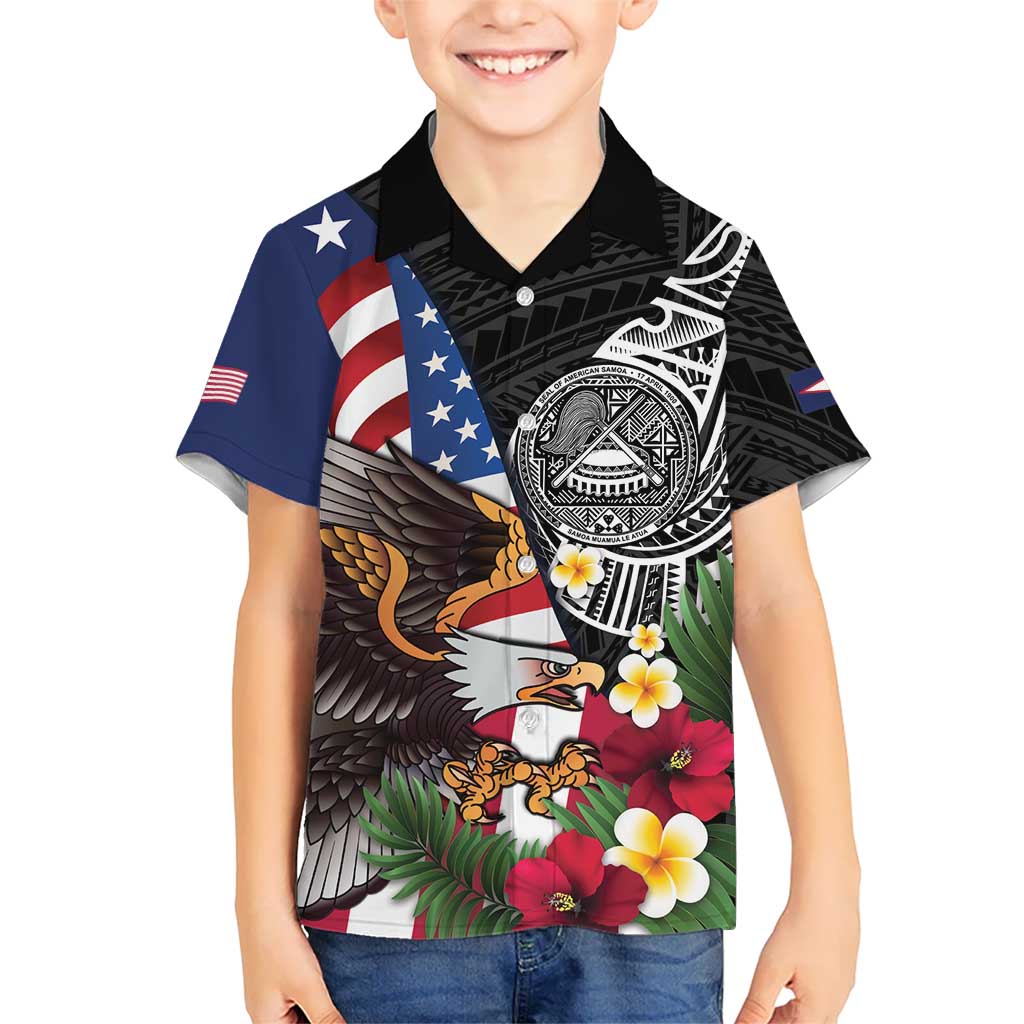 United States and American Samoa Kid Hawaiian Shirt USA Flag Eagle With Seal Tropical Flowers