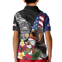 United States and American Samoa Kid Polo Shirt USA Flag Eagle With Seal Tropical Flowers