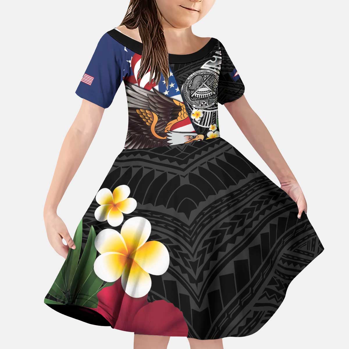 United States and American Samoa Kid Short Sleeve Dress USA Flag Eagle With Seal Tropical Flowers