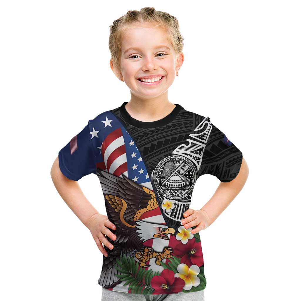 United States and American Samoa Kid T Shirt USA Flag Eagle With Seal Tropical Flowers