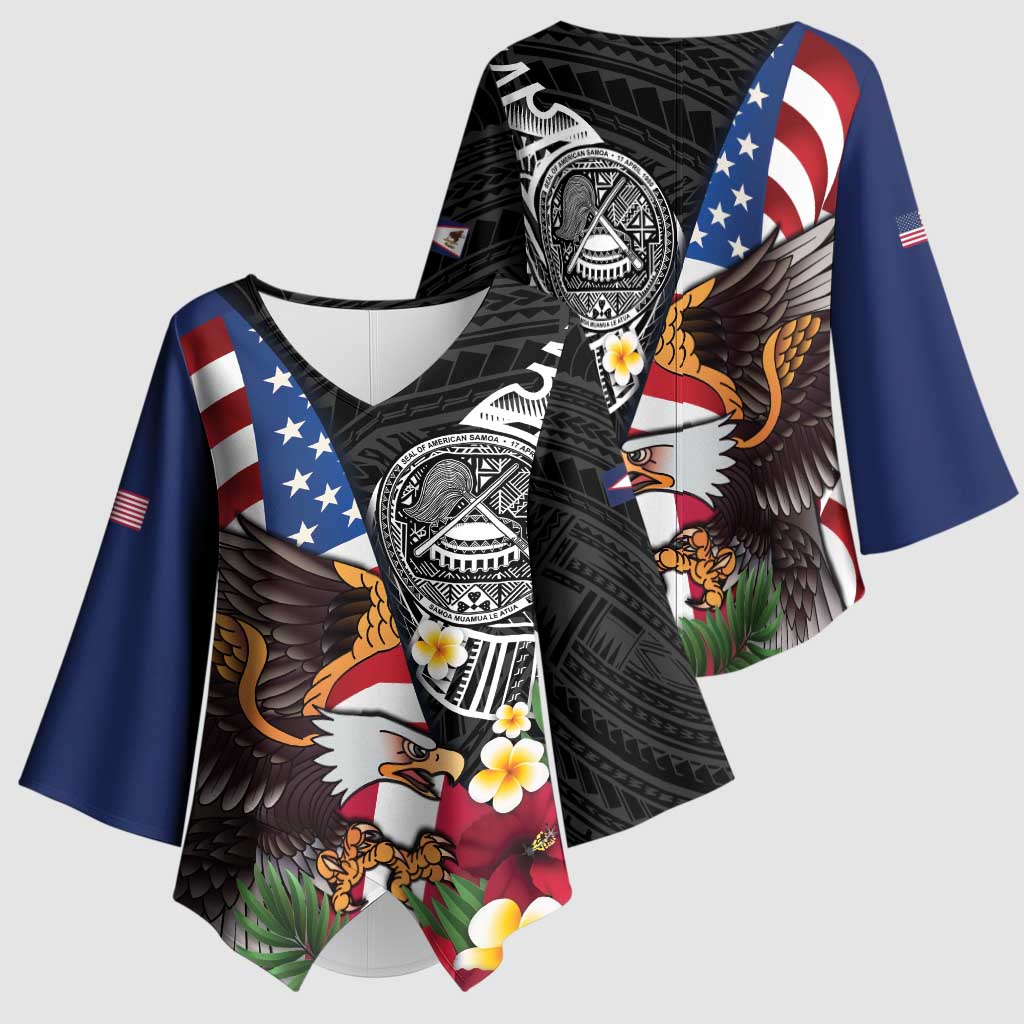 United States and American Samoa Kimono Sleeve Blouse USA Flag Eagle With Seal Tropical Flowers