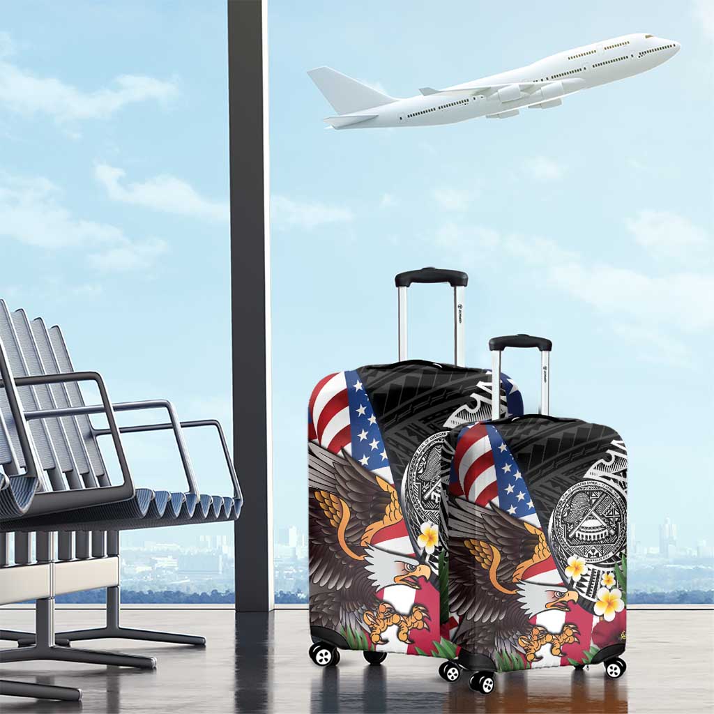 United States and American Samoa Luggage Cover USA Flag Eagle With Seal Tropical Flowers
