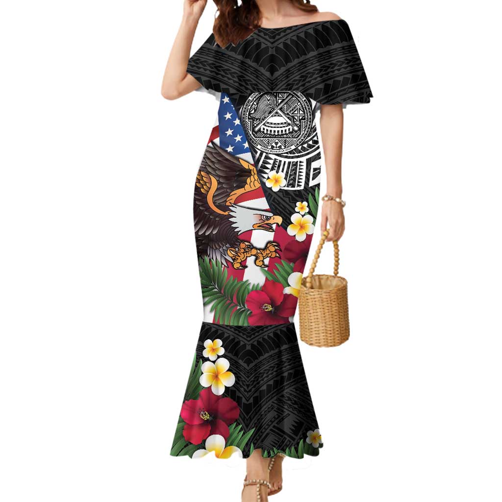 United States and American Samoa Mermaid Dress USA Flag Eagle With Seal Tropical Flowers