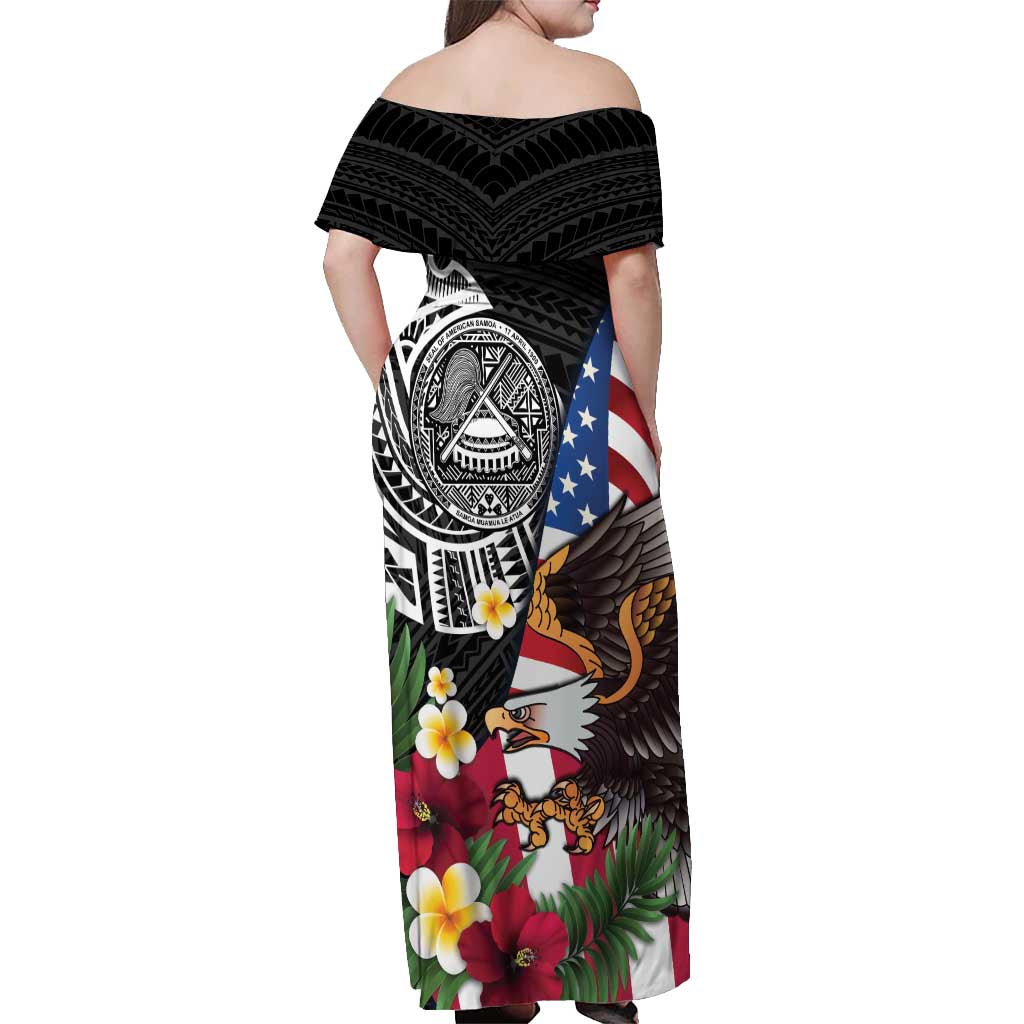 United States and American Samoa Off Shoulder Maxi Dress USA Flag Eagle With Seal Tropical Flowers