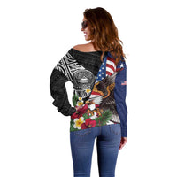 United States and American Samoa Off Shoulder Sweater USA Flag Eagle With Seal Tropical Flowers