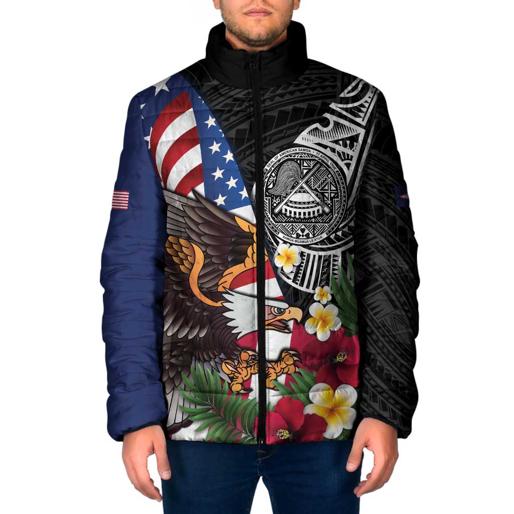 United States and American Samoa Padded Jacket USA Flag Eagle With Seal Tropical Flowers