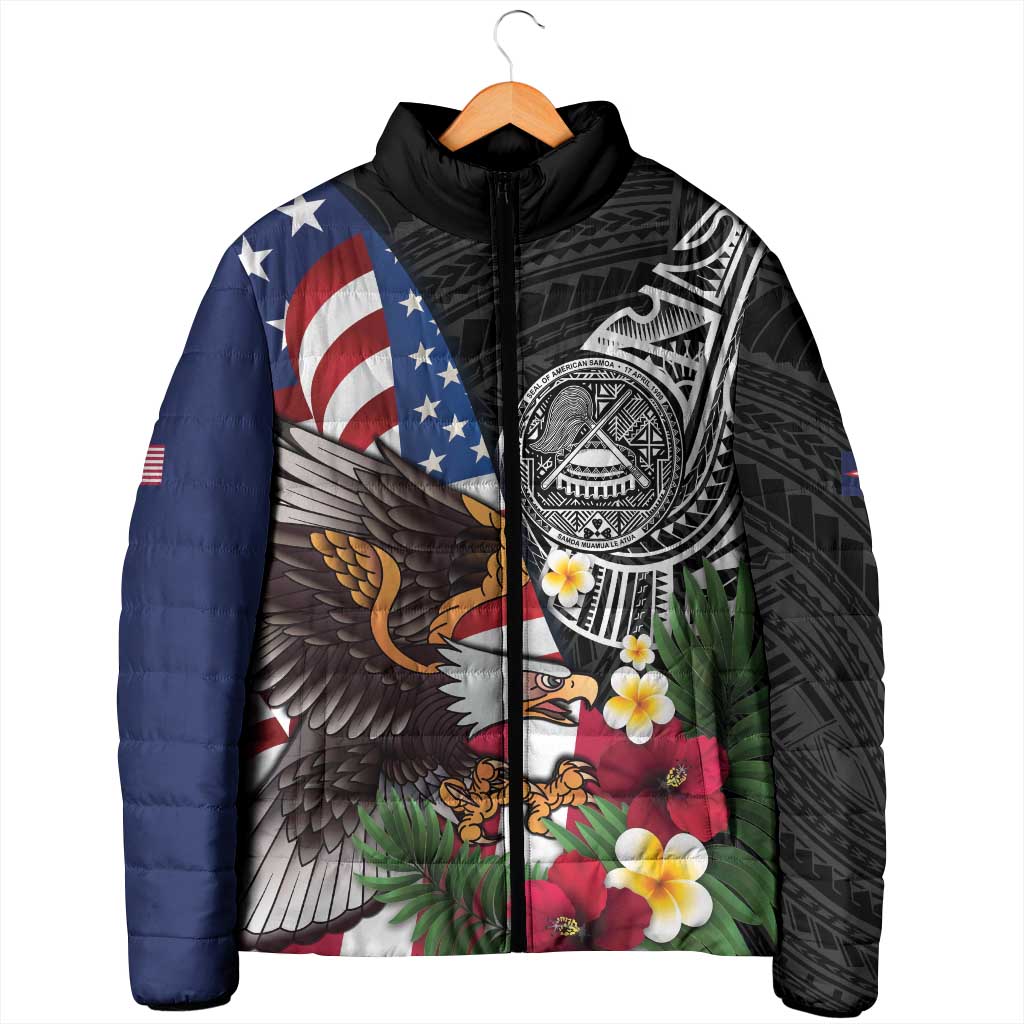 United States and American Samoa Padded Jacket USA Flag Eagle With Seal Tropical Flowers