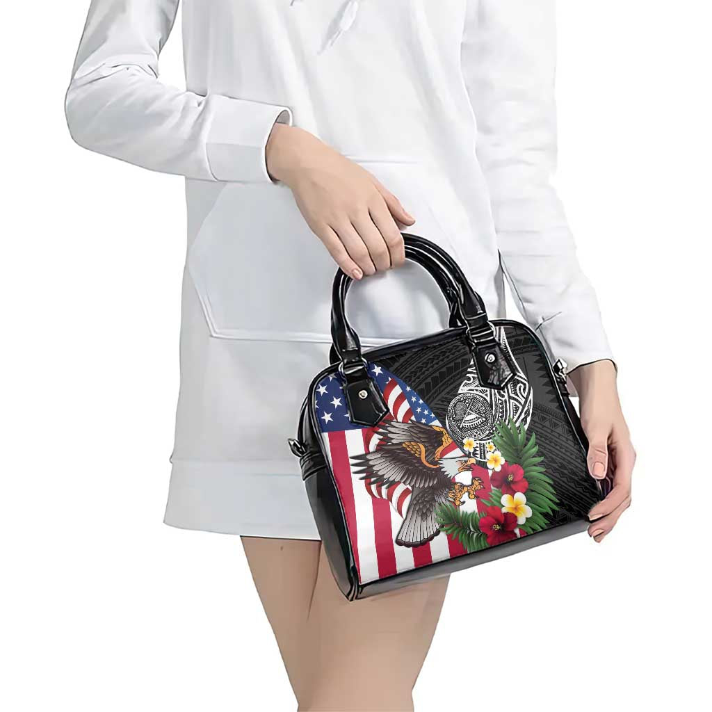 United States and American Samoa Shoulder Handbag USA Flag Eagle With Seal Tropical Flowers