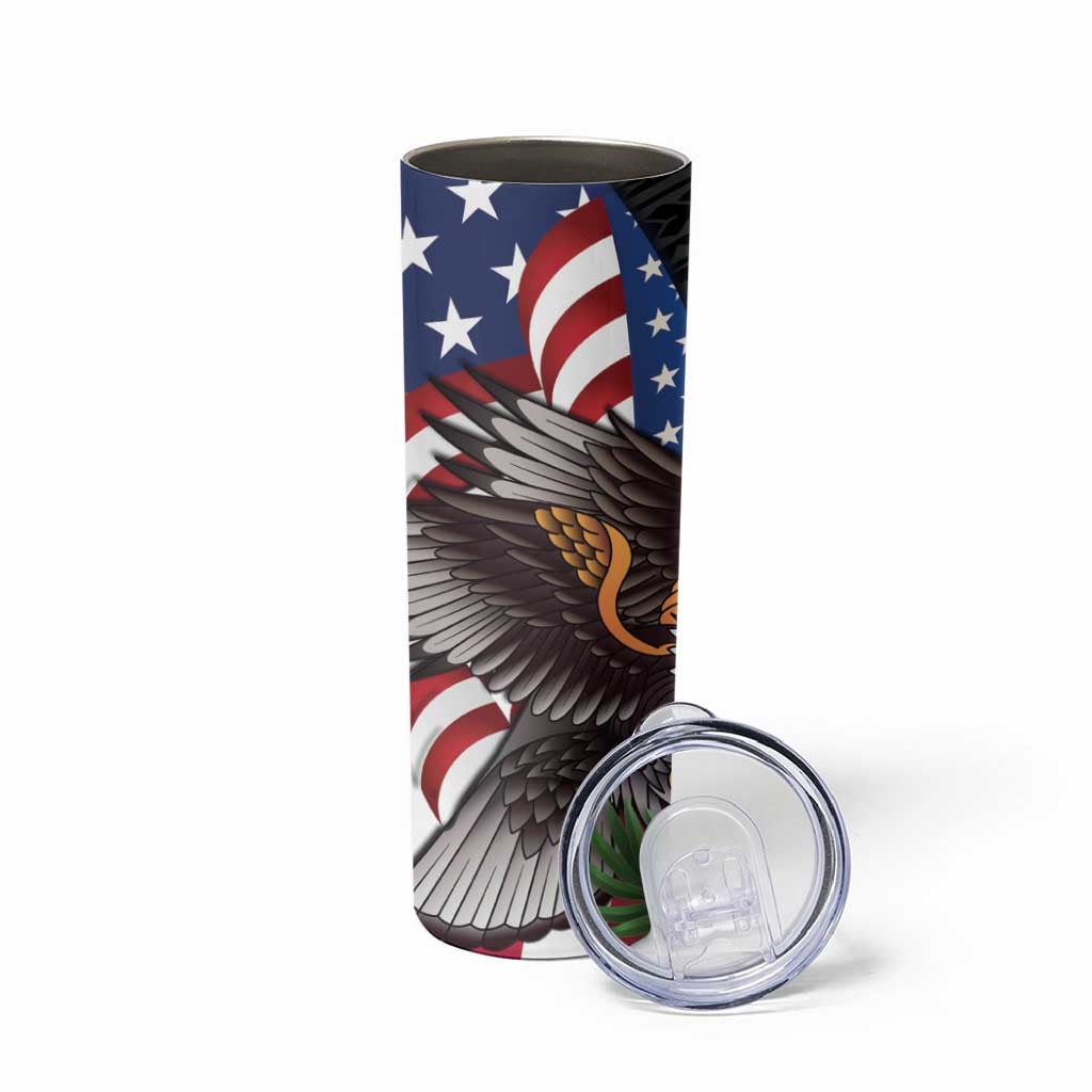 United States and American Samoa Skinny Tumbler USA Flag Eagle With Seal Tropical Flowers LT14 - Polynesian Pride