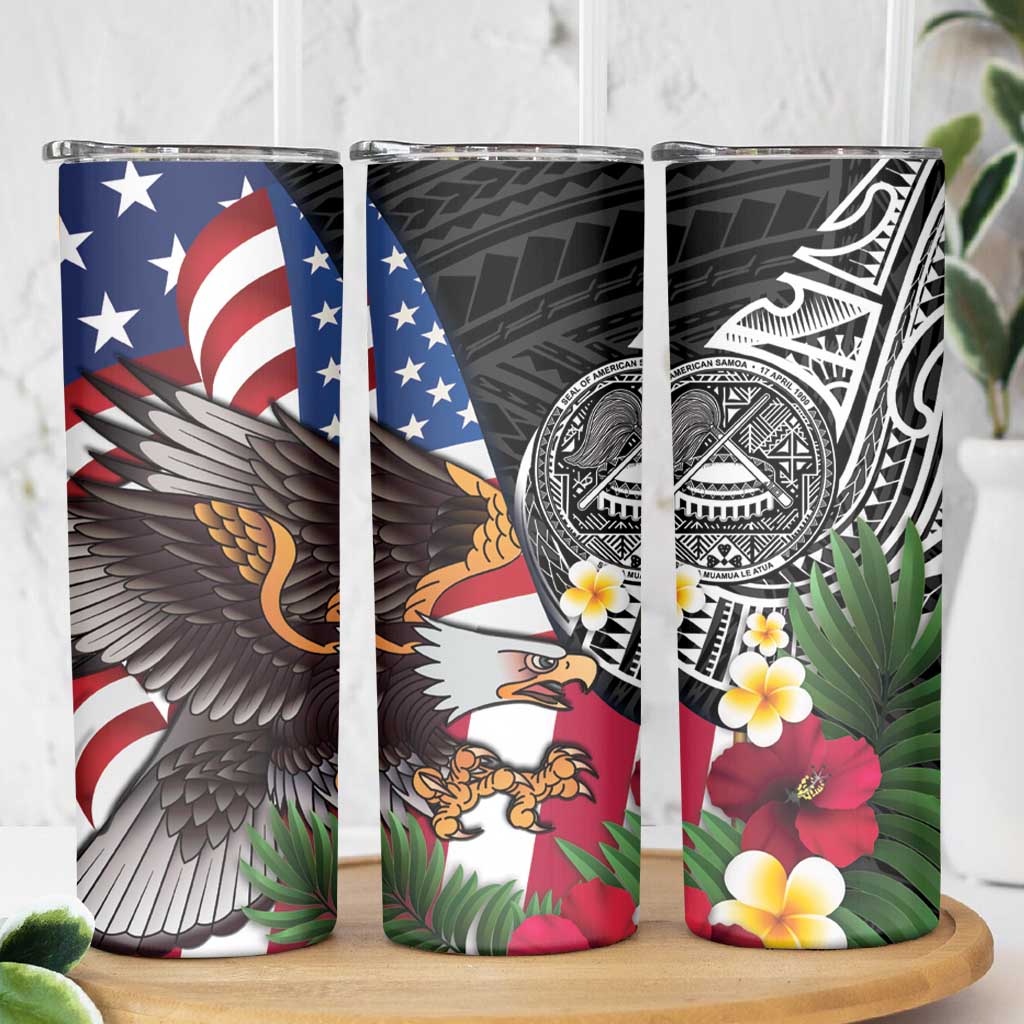 United States and American Samoa Skinny Tumbler USA Flag Eagle With Seal Tropical Flowers LT14 - Polynesian Pride