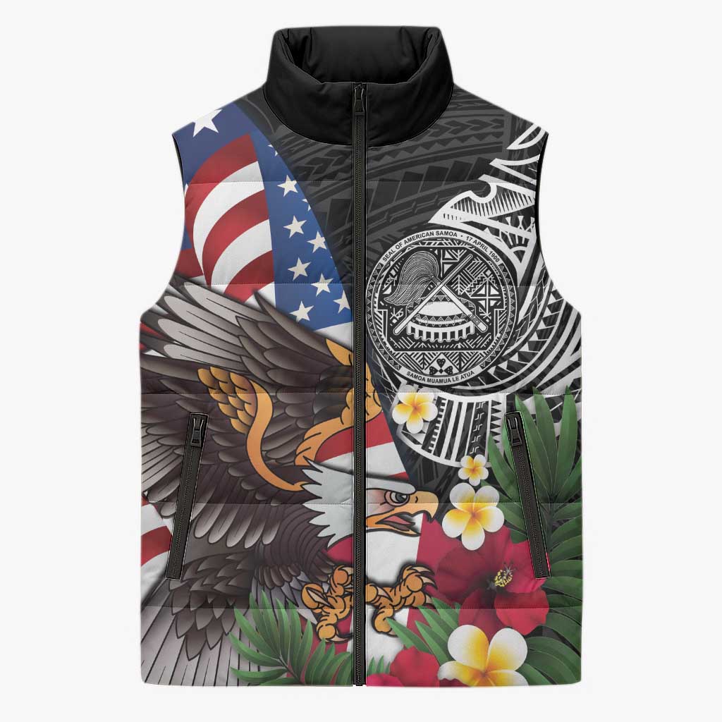 United States and American Samoa Sleeveless Puffer Jacket USA Flag Eagle With Seal Tropical Flowers