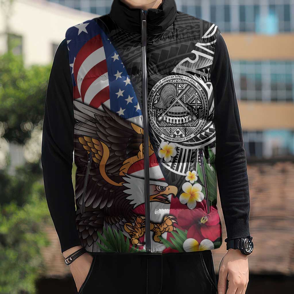 United States and American Samoa Sleeveless Puffer Jacket USA Flag Eagle With Seal Tropical Flowers