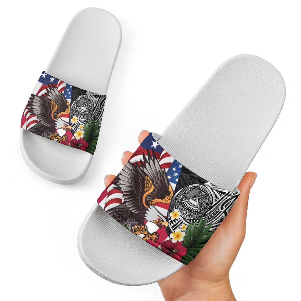 United States and American Samoa Slide Sandals USA Flag Eagle With Seal Tropical Flowers