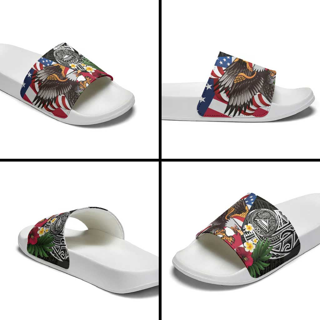 United States and American Samoa Slide Sandals USA Flag Eagle With Seal Tropical Flowers