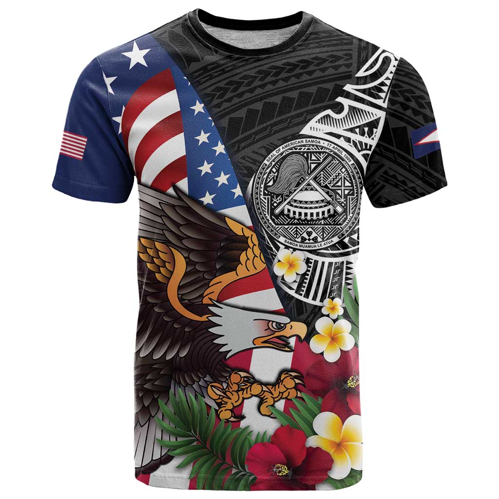 United States and American Samoa T Shirt USA Flag Eagle With Seal Tropical Flowers