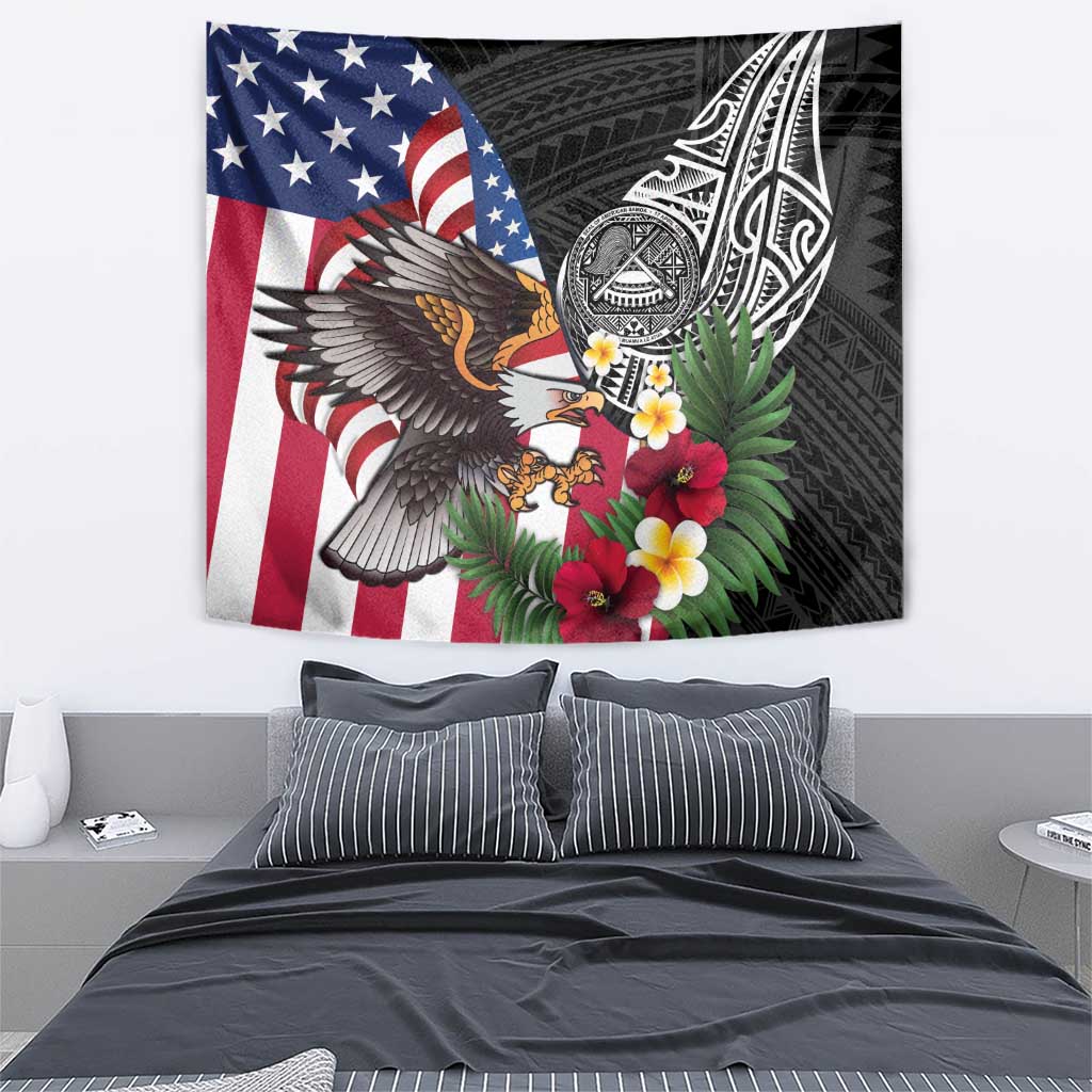 United States and American Samoa Tapestry USA Flag Eagle With Seal Tropical Flowers
