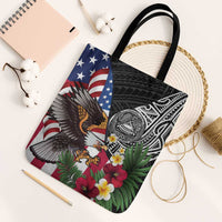 United States and American Samoa Tote Bag USA Flag Eagle With Seal Tropical Flowers