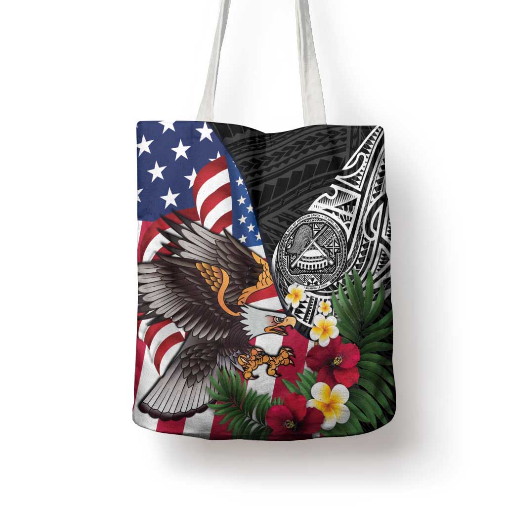 United States and American Samoa Tote Bag USA Flag Eagle With Seal Tropical Flowers
