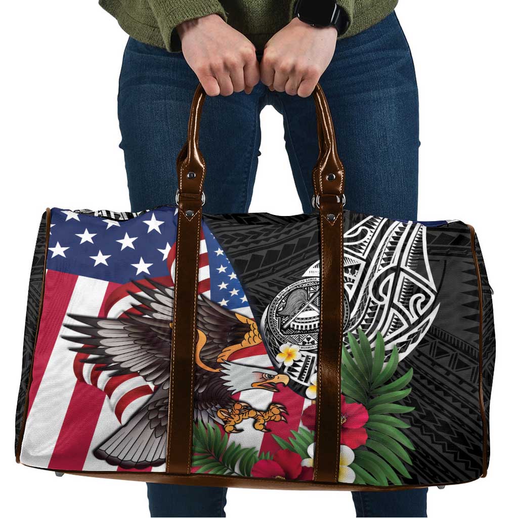 United States and American Samoa Travel Bag USA Flag Eagle With Seal Tropical Flowers