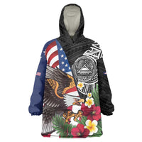 United States and American Samoa Wearable Blanket Hoodie USA Flag Eagle With Seal Tropical Flowers LT14 One Size Black - Polynesian Pride