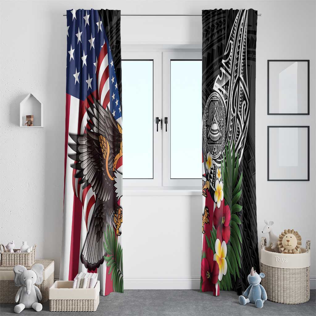 United States and American Samoa Window Curtain USA Flag Eagle With Seal Tropical Flowers