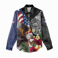United States and American Samoa Women Casual Shirt USA Flag Eagle With Seal Tropical Flowers LT14 - Polynesian Pride