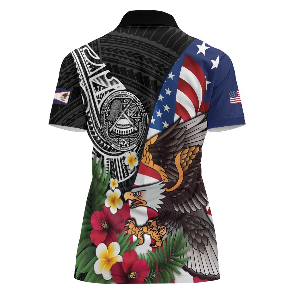 United States and American Samoa Women Polo Shirt USA Flag Eagle With Seal Tropical Flowers LT14 - Polynesian Pride