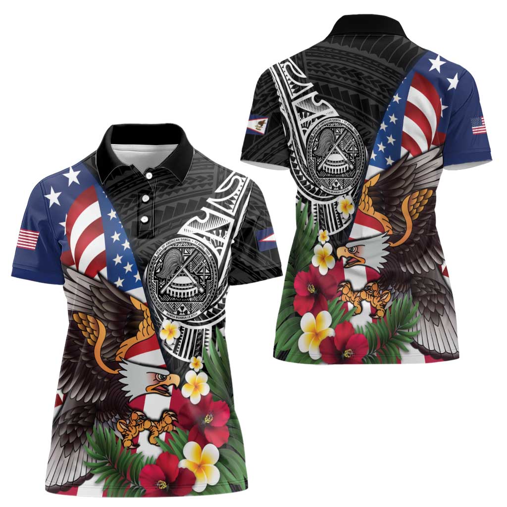 United States and American Samoa Women Polo Shirt USA Flag Eagle With Seal Tropical Flowers LT14 - Polynesian Pride