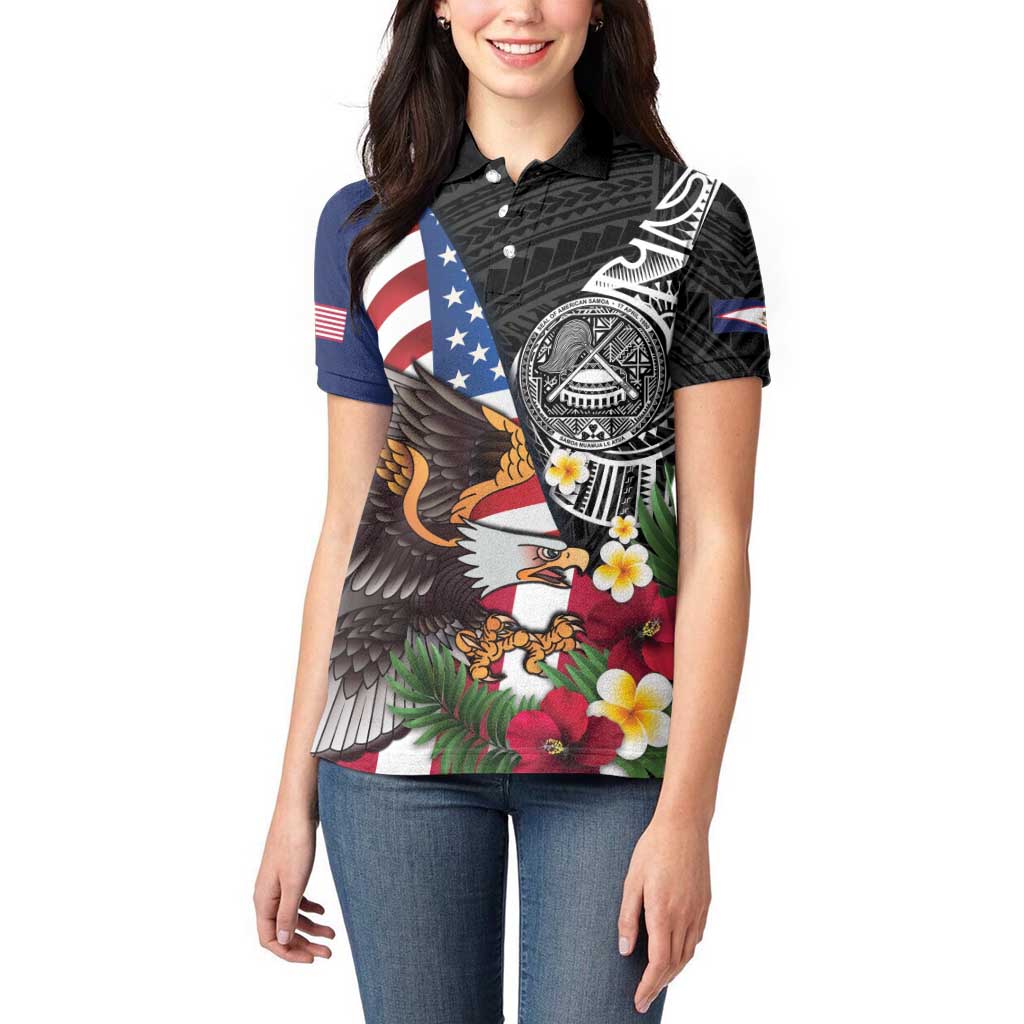 United States and American Samoa Women Polo Shirt USA Flag Eagle With Seal Tropical Flowers LT14 - Polynesian Pride