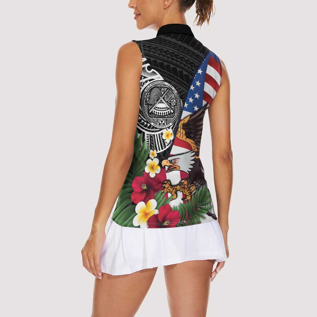 United States and American Samoa Women Sleeveless Polo Shirt USA Flag Eagle With Seal Tropical Flowers LT14 - Polynesian Pride