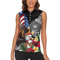 United States and American Samoa Women Sleeveless Polo Shirt USA Flag Eagle With Seal Tropical Flowers LT14 - Polynesian Pride
