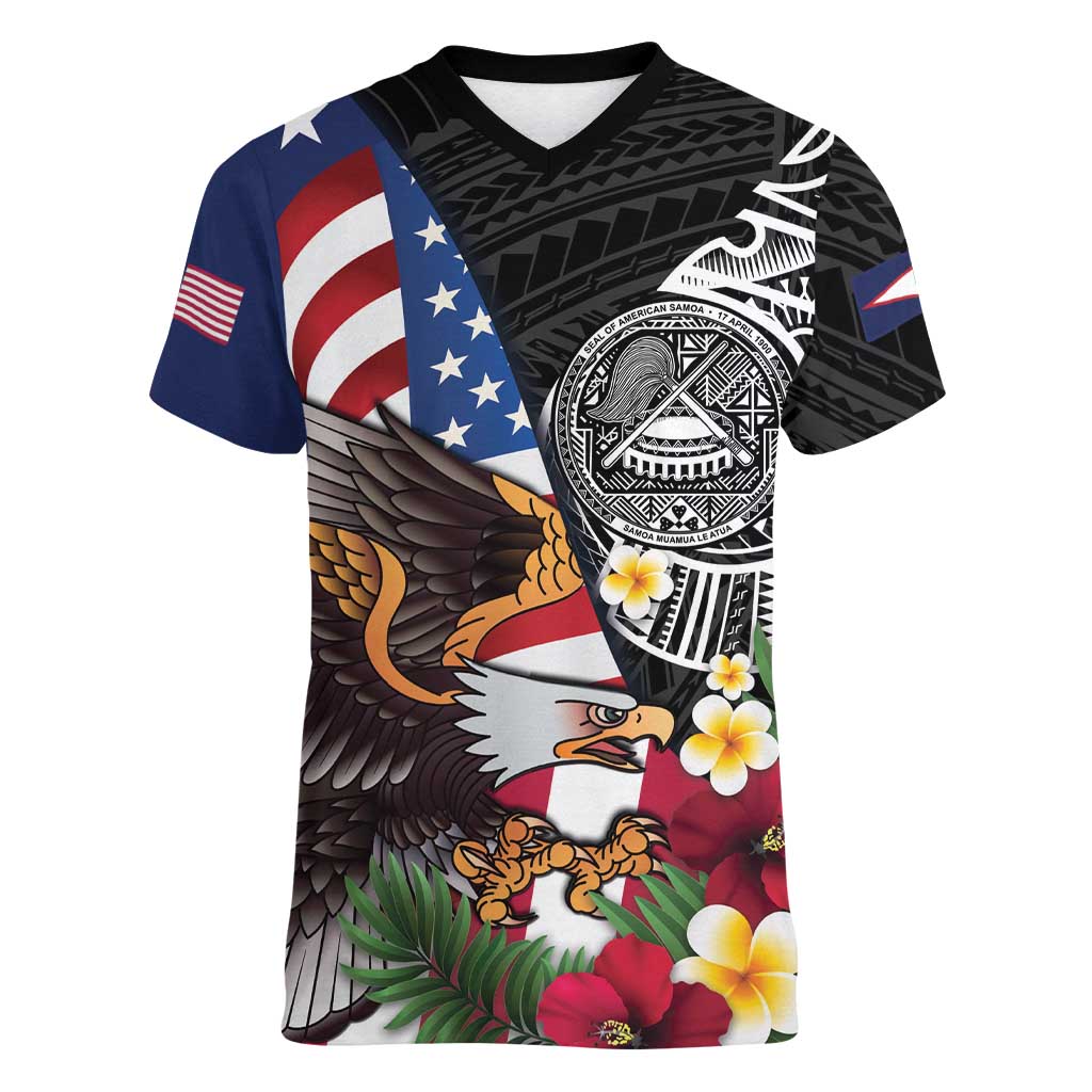 United States and American Samoa Women V-Neck T-Shirt USA Flag Eagle With Seal Tropical Flowers LT14 Female Black - Polynesian Pride