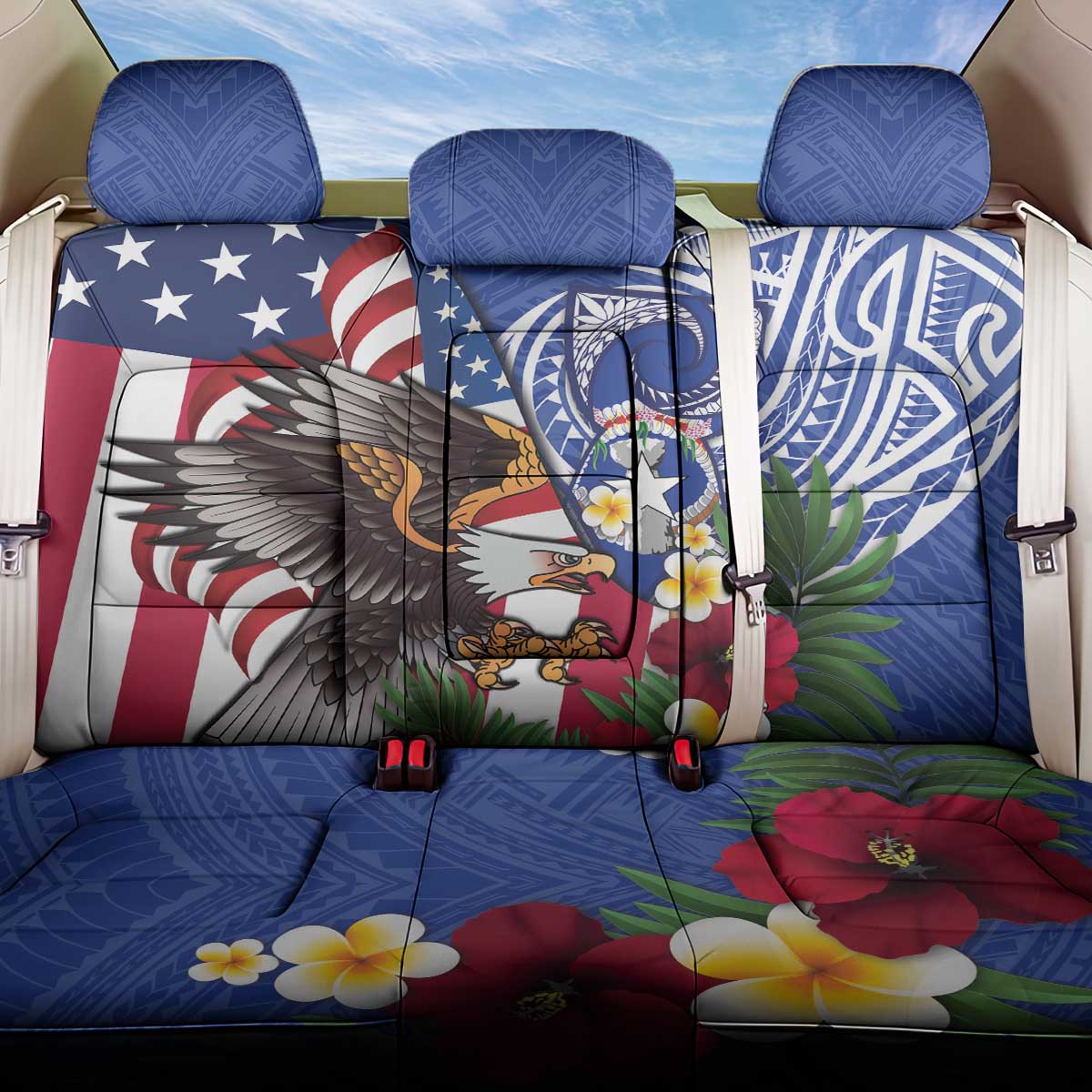 United States and Northern Mariana Islands Back Car Seat Cover USA Flag Eagle CNMI Latte Stone Tropical Flowers