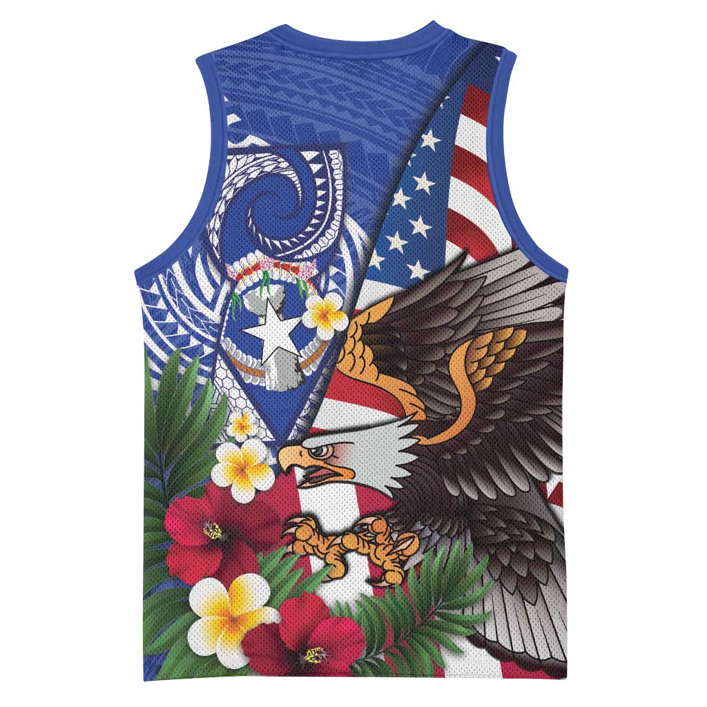 United States and Northern Mariana Islands Basketball Jersey USA Flag Eagle CNMI Latte Stone Tropical Flowers LT14 - Polynesian Pride