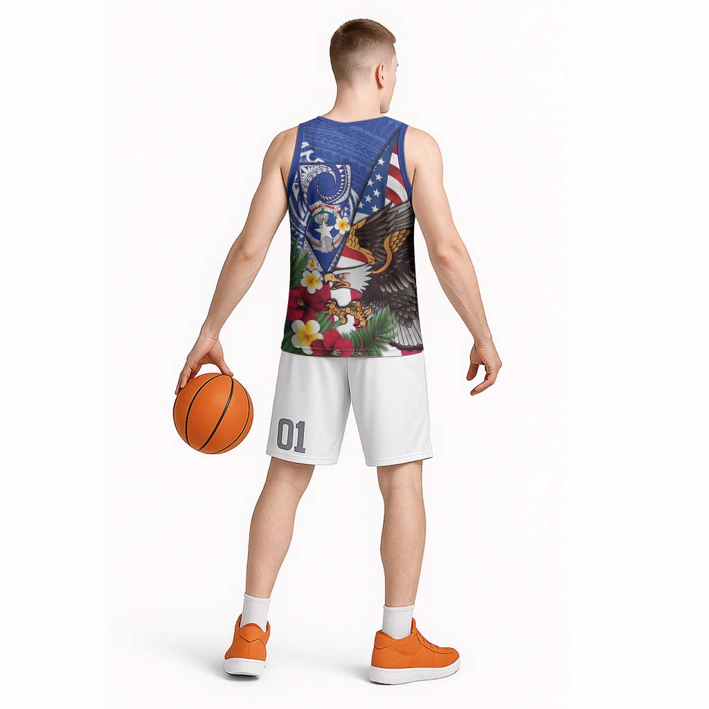 United States and Northern Mariana Islands Basketball Jersey USA Flag Eagle CNMI Latte Stone Tropical Flowers LT14 - Polynesian Pride