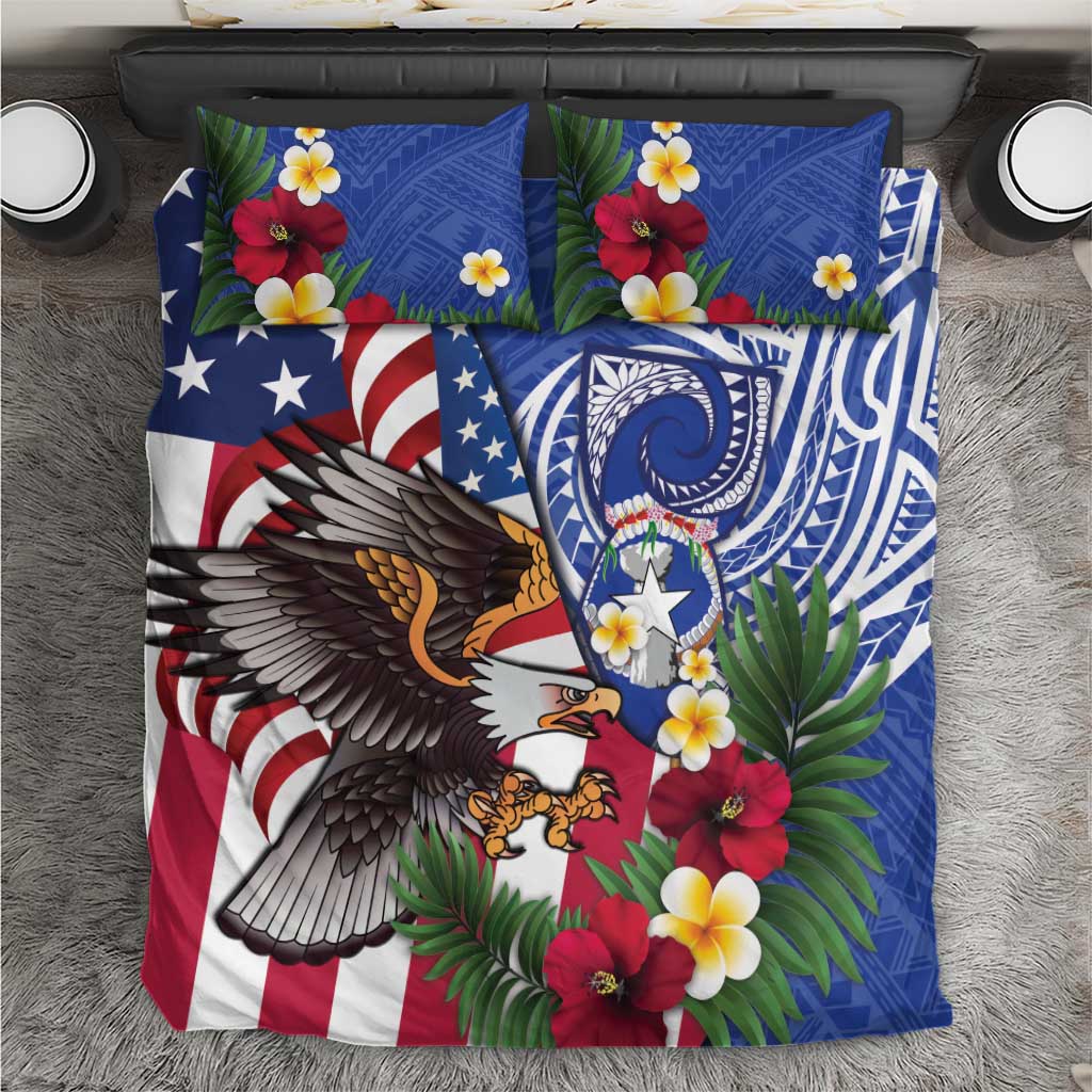 United States and Northern Mariana Islands Bedding Set USA Flag Eagle CNMI Latte Stone Tropical Flowers