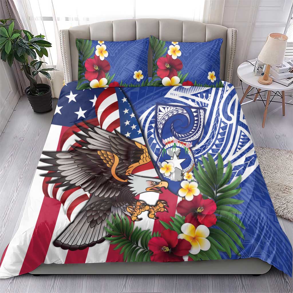 United States and Northern Mariana Islands Bedding Set USA Flag Eagle CNMI Latte Stone Tropical Flowers