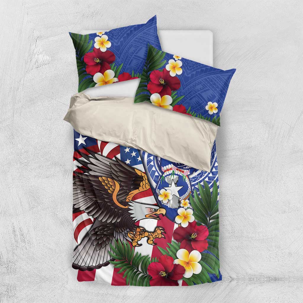 United States and Northern Mariana Islands Bedding Set USA Flag Eagle CNMI Latte Stone Tropical Flowers