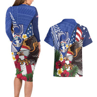United States and Northern Mariana Islands Couples Matching Long Sleeve Bodycon Dress and Hawaiian Shirt USA Flag Eagle CNMI Latte Stone Tropical Flowers LT14 - Polynesian Pride