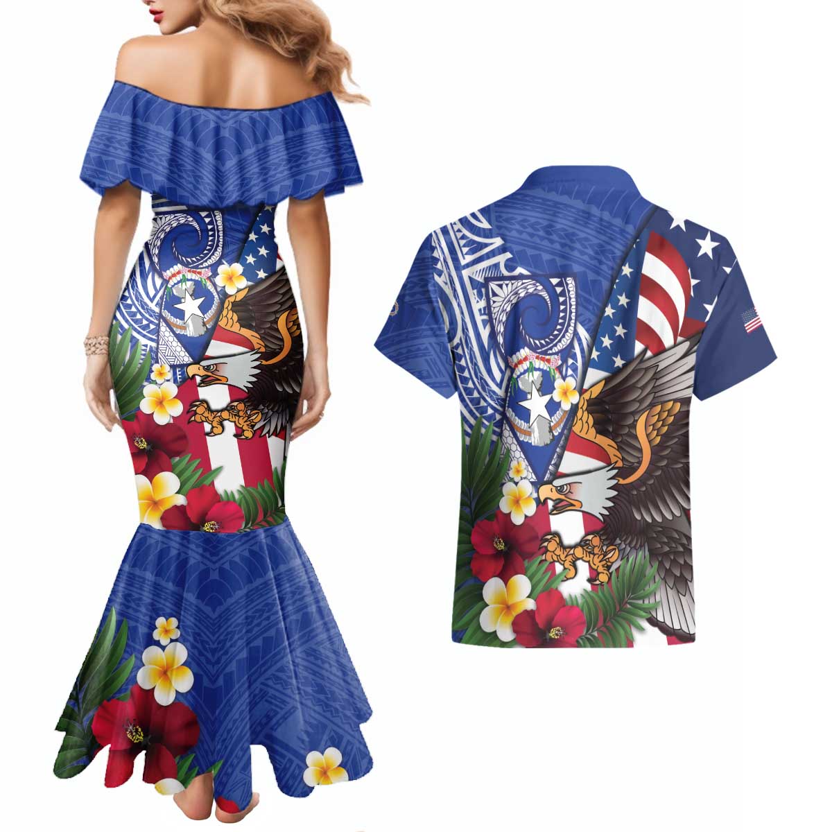 United States and Northern Mariana Islands Couples Matching Mermaid Dress and Hawaiian Shirt USA Flag Eagle CNMI Latte Stone Tropical Flowers LT14 - Polynesian Pride