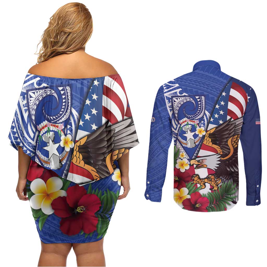 United States and Northern Mariana Islands Couples Matching Off Shoulder Short Dress and Long Sleeve Button Shirt USA Flag Eagle CNMI Latte Stone Tropical Flowers LT14 - Polynesian Pride