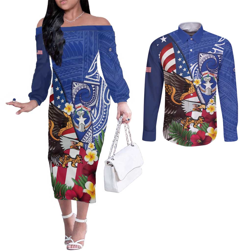 United States and Northern Mariana Islands Couples Matching Off The Shoulder Long Sleeve Dress and Long Sleeve Button Shirt USA Flag Eagle CNMI Latte Stone Tropical Flowers LT14 Blue - Polynesian Pride