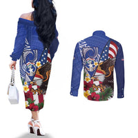 United States and Northern Mariana Islands Couples Matching Off The Shoulder Long Sleeve Dress and Long Sleeve Button Shirt USA Flag Eagle CNMI Latte Stone Tropical Flowers LT14 - Polynesian Pride