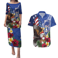 United States and Northern Mariana Islands Couples Matching Puletasi and Hawaiian Shirt USA Flag Eagle CNMI Latte Stone Tropical Flowers LT14 Blue - Polynesian Pride
