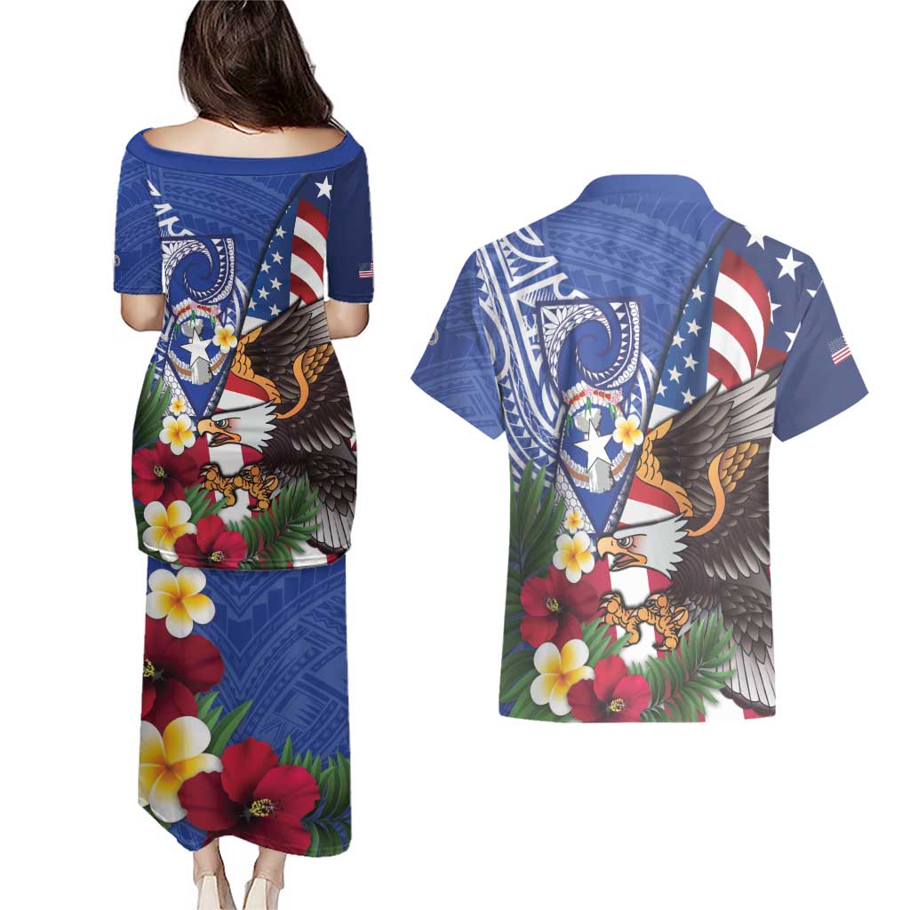 United States and Northern Mariana Islands Couples Matching Puletasi and Hawaiian Shirt USA Flag Eagle CNMI Latte Stone Tropical Flowers LT14 - Polynesian Pride