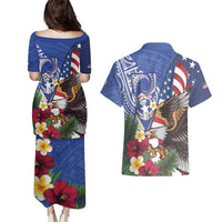 United States and Northern Mariana Islands Couples Matching Puletasi and Hawaiian Shirt USA Flag Eagle CNMI Latte Stone Tropical Flowers LT14 - Polynesian Pride