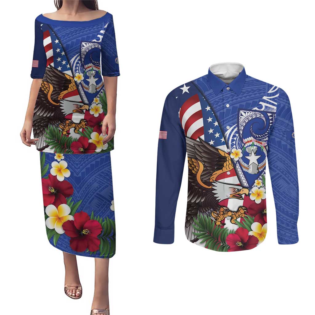 United States and Northern Mariana Islands Couples Matching Puletasi and Long Sleeve Button Shirt USA Flag Eagle CNMI Latte Stone Tropical Flowers LT14 Blue - Polynesian Pride