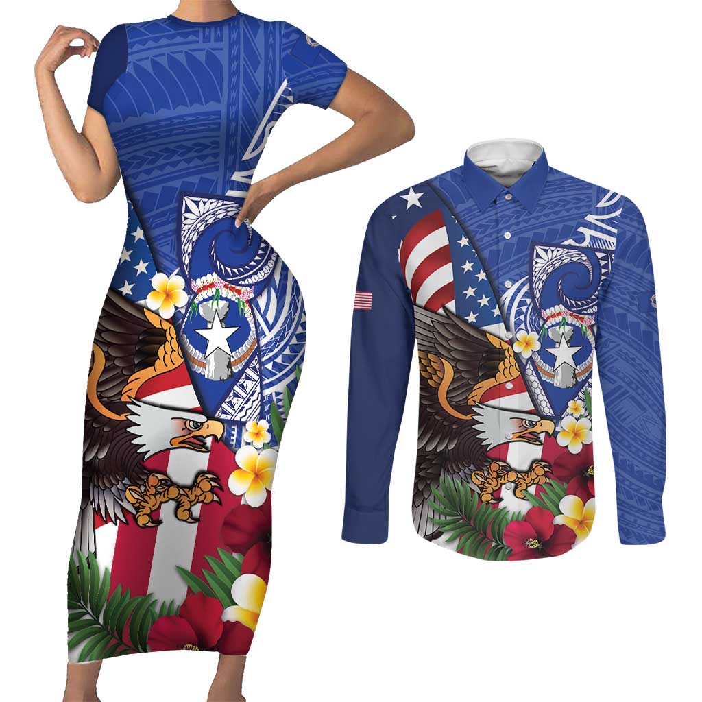 United States and Northern Mariana Islands Couples Matching Short Sleeve Bodycon Dress and Long Sleeve Button Shirt USA Flag Eagle CNMI Latte Stone Tropical Flowers LT14 Blue - Polynesian Pride