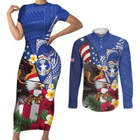 United States and Northern Mariana Islands Couples Matching Short Sleeve Bodycon Dress and Long Sleeve Button Shirt USA Flag Eagle CNMI Latte Stone Tropical Flowers LT14 Blue - Polynesian Pride