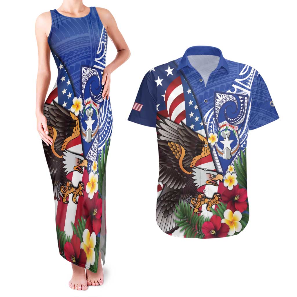 United States and Northern Mariana Islands Couples Matching Tank Maxi Dress and Hawaiian Shirt USA Flag Eagle CNMI Latte Stone Tropical Flowers